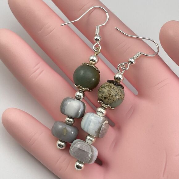 Sterling Silver Plated Jasper Stone Blue Opal Beaded Dangle Earrings Boho Unique - Picture 6 of 6
